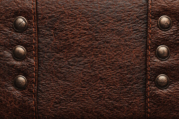 Rich brown textured leather with decorative metal rivets and stitching details