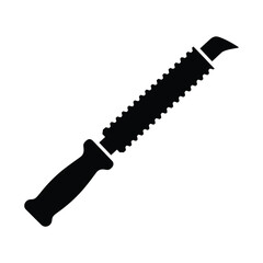 Black silhouette of a serrated tool with curved blade