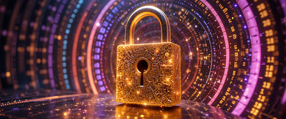 3D golden glowing sparkling standing lock with dark gradient key hole core surrounded by rotating binary numbers neon purple, red, and blue rings, intricate details, golden flecks of light fall on the