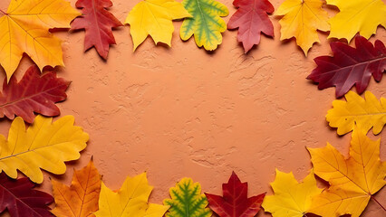 Beautiful Autumn Leaves Border on Textured Orange Background - Fall Season Decorative Frame