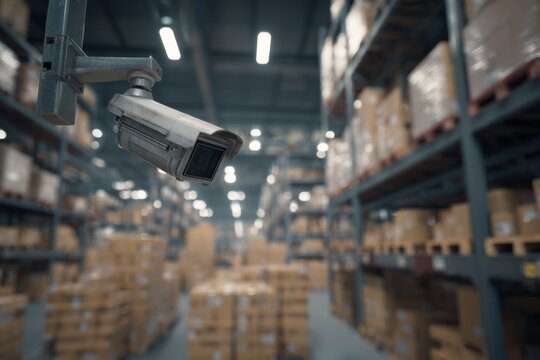 Surveillance camera monitors warehouse activity, ensuring safety and security of stored goods during daytime operations - Powered by Adobe
