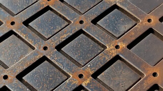 Rusty metal grid surface reveals patterns of decay and age under natural light on a sunny day