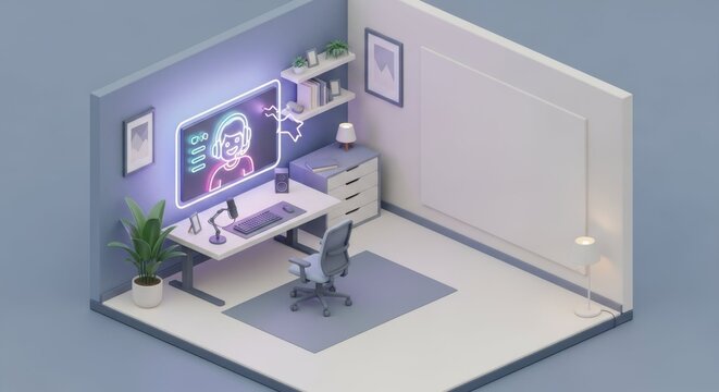 Modern workspace design featuring computer setup and creative decor with neon lights, showcasing minimalistic style and functional furniture. Workspace includes cozy chair, plants,