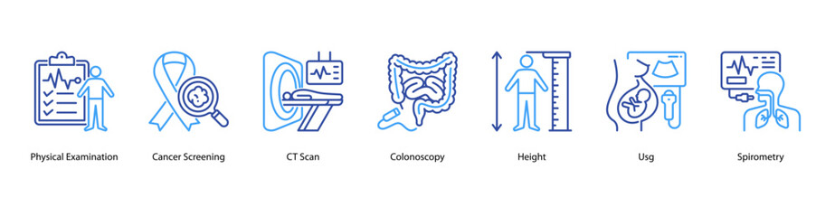 Comprehensive Health Screening web banner icon vector illustration featuring Physical Examination, Cancer Screening, CT Scan, Colonoscopy, Height, Usg, and Spirometry for complete medical evaluation.