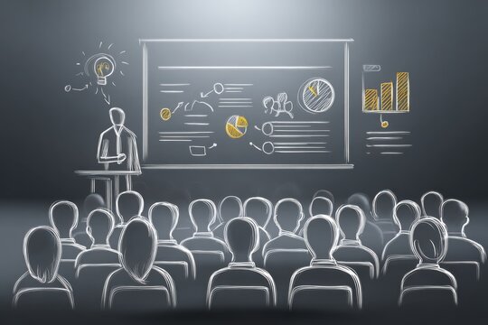 Chalkboard presentation at a seminar discussing data trends, audience engagement, and effective communication skills