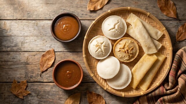 Traditional indian sweets and sauces on a rustic wooden table