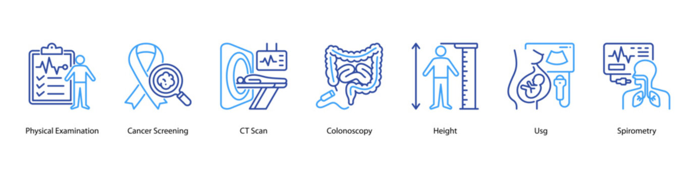 Comprehensive Health Screening web banner icon vector illustration featuring Physical Examination, Cancer Screening, CT Scan, Colonoscopy, Height, Usg, and Spirometry for complete medical evaluation.
