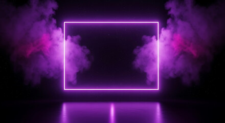 Vibrant purple neon square frame surrounded by wisps of smoke
