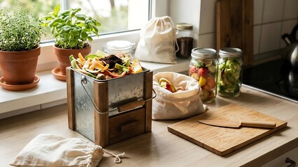 Sustainable home kitchen: compost bin, fresh herbs, zero waste setup.