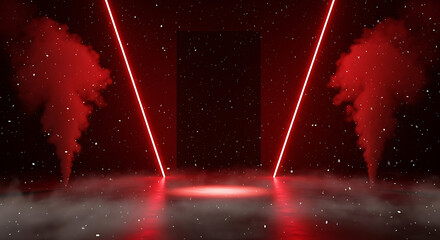 Abstract red neon lights and smoke stage with particles