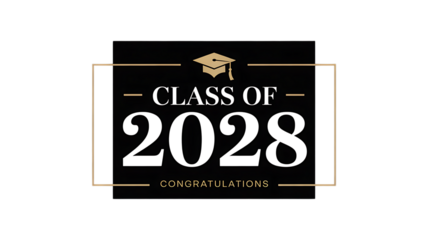 Graduation class of 2028 congratulations card design with mortarboard icon and elegant text on black background.