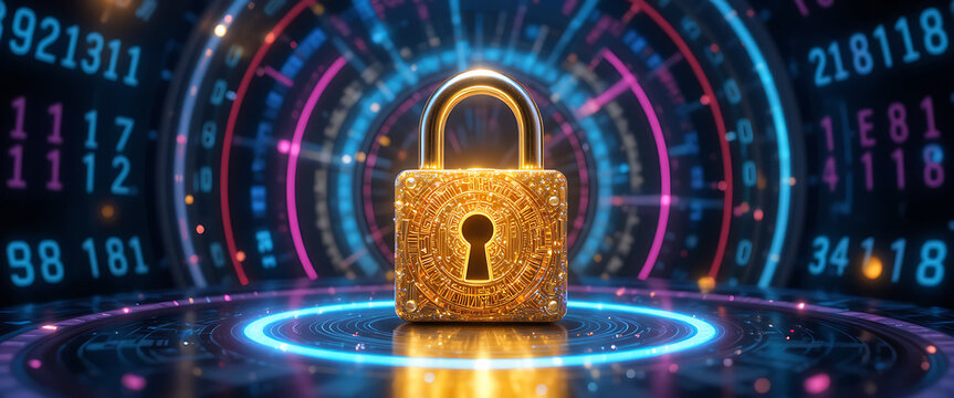 3D golden glowing sparkling standing lock with dark gradient key hole core surrounded by rotating binary numbers neon purple, red, and blue rings, intricate details, golden flecks of light fall on the