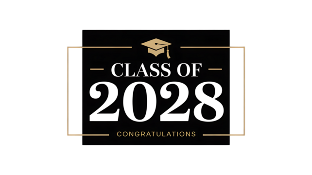 Graduation class of 2028 congratulations card design with mortarboard icon and elegant text on black background.