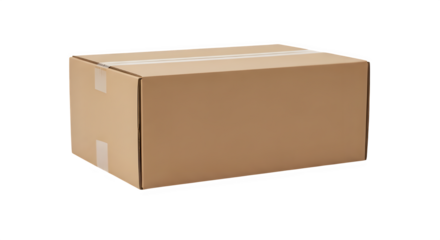 Brown cardboard shipping box, sealed with tape, ready for delivery or storage, isolated on transparent background