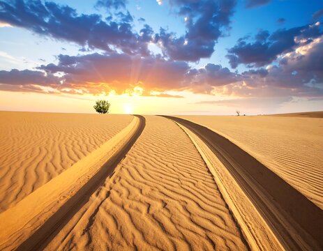 Desert landscape featuring tire tracks leading toward a sunset, with a solitary tree in the distance