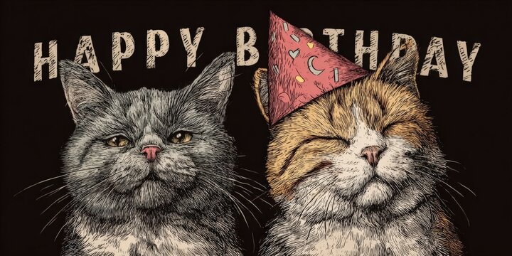 Hand-Drawn Happy Birthday Card with Funny Cats and Celebration vibes