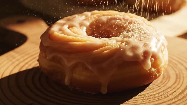 Glazed cronut pastry with icing on a wooden board in sunlight