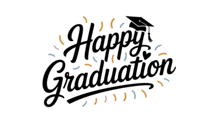 Happy graduation lettering with mortarboard hat and confetti. isolated on black background with white outline. celebration design.
