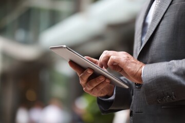 Businessman in formal suit using tablet in a bustling urban environment during the day for work, showcasing modern technology in action