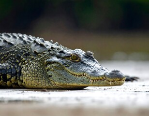 Fototapeta premium Close-up of an alligator resting on a sandy surface with a blurred background of green trees and vegetation