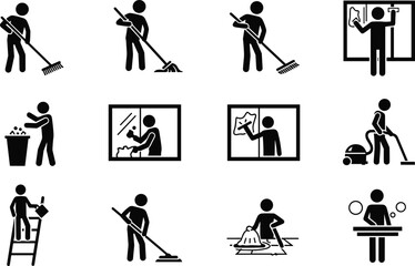 Set of cleaning service icons featuring silhouette figures sweeping, mopping, vacuuming, and washing windows, black vector pictogram collection.