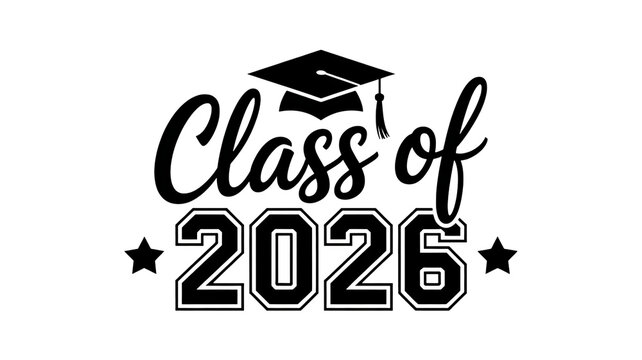 Class of 2026 graduation cap and stars text graphic isolated on a clean white background for celebratory events