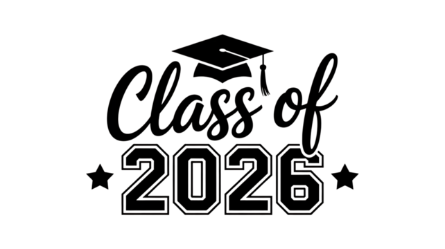 Class of 2026 graduation cap and stars text graphic isolated on a clean white background for celebratory events