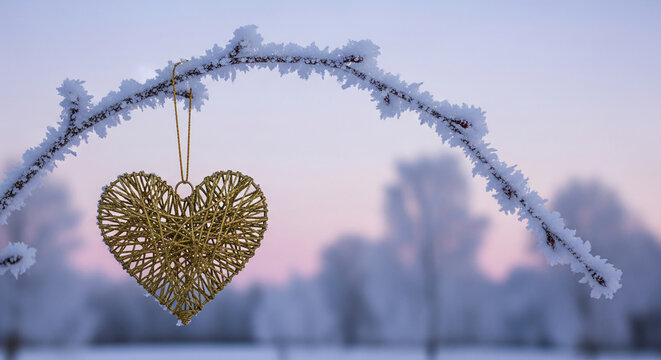 Golden heart hanging from a frost-covered branch against a blurred winter landscape, representing love in a cold season, perfect for Valentine's Day