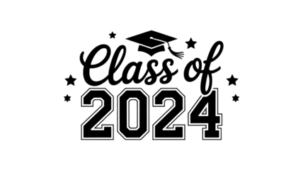 Class of 2024 stylized text with graduation cap and stars, perfect for celebratory academic achievement announcements.