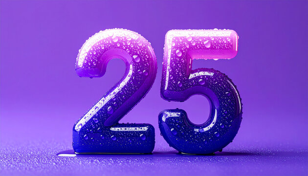 Abstract futuristic number 25 in glossy 3D style, covered with water droplets, purple background.
