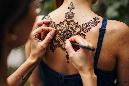 A detailed shot of a woman's hands creating intricate henna designs on someone's back