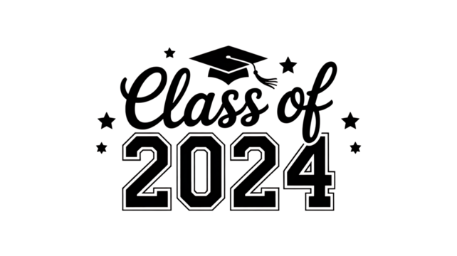 Class of 2024 stylized text with graduation cap and stars, perfect for celebratory academic achievement announcements.