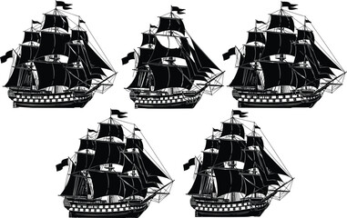 Set of detailed black silhouettes featuring vintage tall sailing ships with flags, nautical galleon vector illustration isolated on white.