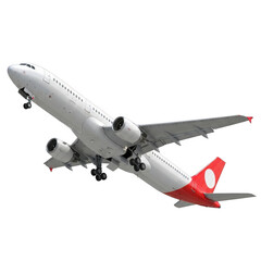 Obraz premium White passenger airplane ascending against a black background