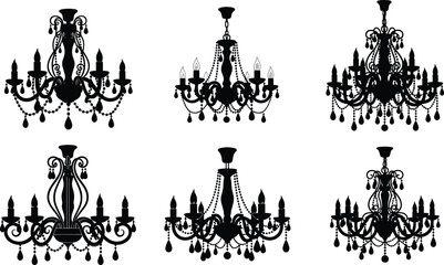 Set of elegant vintage chandelier silhouettes, antique ceiling light fixtures with crystal beads and candles, luxury interior decoration vector.