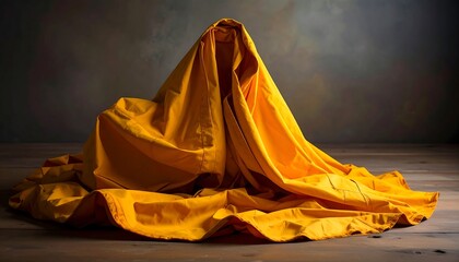 Drapey, vibrant yellow fabric spills from atop a small, shrouded form on a rustic, textured surface before a dark backdrop