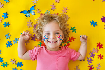 Happy Caucasian child with autism puzzle face paint lying on yellow background, smiling girl celebrating neurodiversity with colorful jigsaw pieces and blue butterfly.