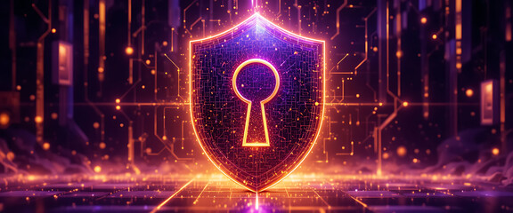 Purple neon golden sparkling cyber shield with deep golden gradient key hole with high-detail mesh metallic glass shine patterns, data packet light streaks, glowing hexagons, abstract digital fortress