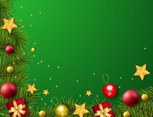 Green christmas background with christmas balls and fir branches.