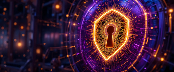 Purple neon golden sparkling cyber shield with deep golden gradient key hole with high-detail mesh metallic glass shine patterns, data packet light streaks, glowing hexagons, abstract digital fortress