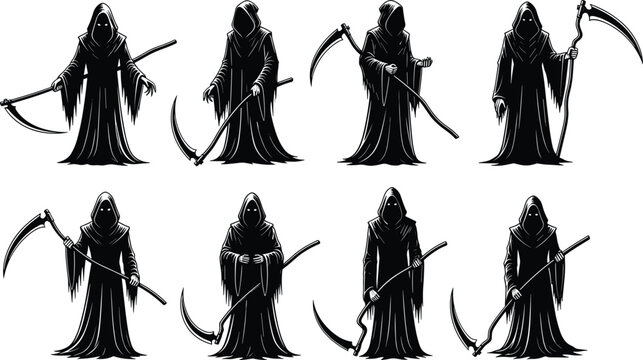 Set of grim reaper silhouettes, hooded death character with scythe, spooky halloween vector icons, black horror illustration collection for graphic design.