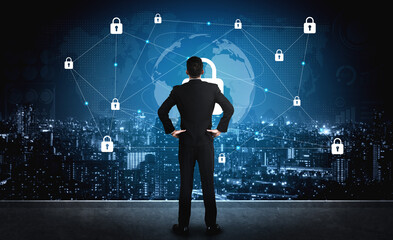 Businessman stands confidently in front of a futuristic visualization of a global cybersecurity network, surrounded by lock icons and a vibrant cityscape at night. Gantry