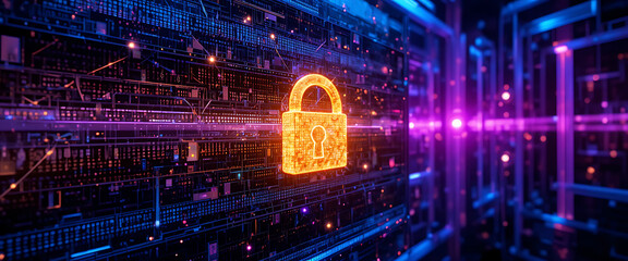 Futuristic firewalls visualization in deep purple and blue gradient hues, layered mesh wall metallic textures, floating encryption golden glowing keys, luminous digital symbols,