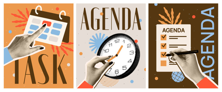 Trendy halftone collage. Set of posters with realistic hands pointing to calendar, making to do list, and moving clock. Planning schedules and agendas. Flat vector illustration isolated on background