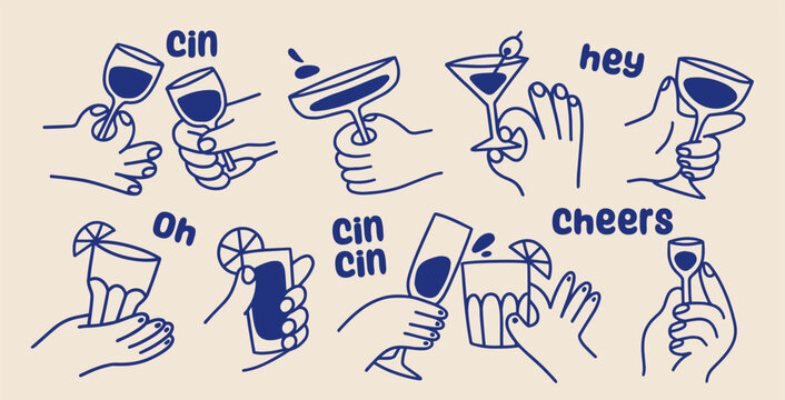 Hands holding wine glasses. Hand drawn doodle stickers of characters hands cheering and cin cin with cocktails. Celebrating holiday. Outline vector illustration collection isolated on background