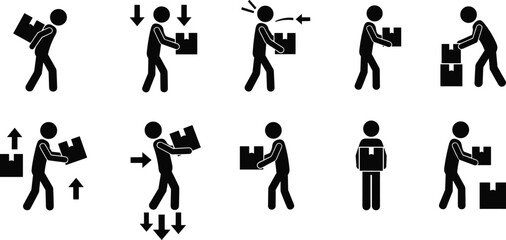 Set of manual handling safety icons, correct and incorrect lifting box techniques, workplace injury prevention, heavy load vector illustration.