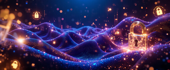 Futuristic firewalls visualization in deep purple and blue gradient hues, layered mesh wall metallic textures, floating encryption golden glowing keys, luminous digital symbols,