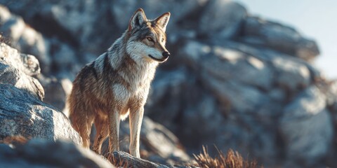 AI-Generated Illustration of a Wolf on Rocky Mountains with Blurry Background