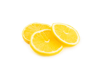 Lemon isolated on white background. Lemon fruits with a slice. Fresh lemon fruits with citrus leaves. Lemon juice. Pattern. Space for text.