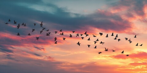 AI-Generated Illustration of Flock of Birds at Sunset in the Sky
